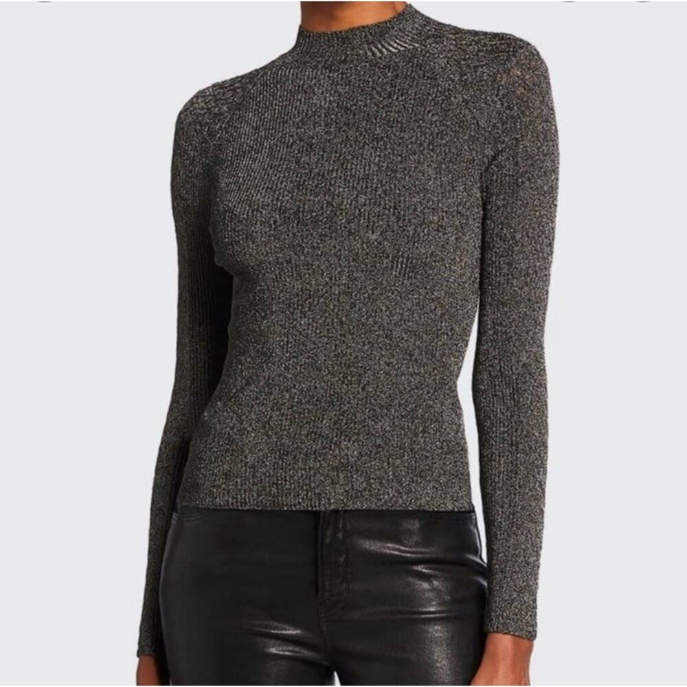 Ramy Brook Womens Donella Mock Neck Metallic Sweater Top Sz XS ? Ribbed Stretchy